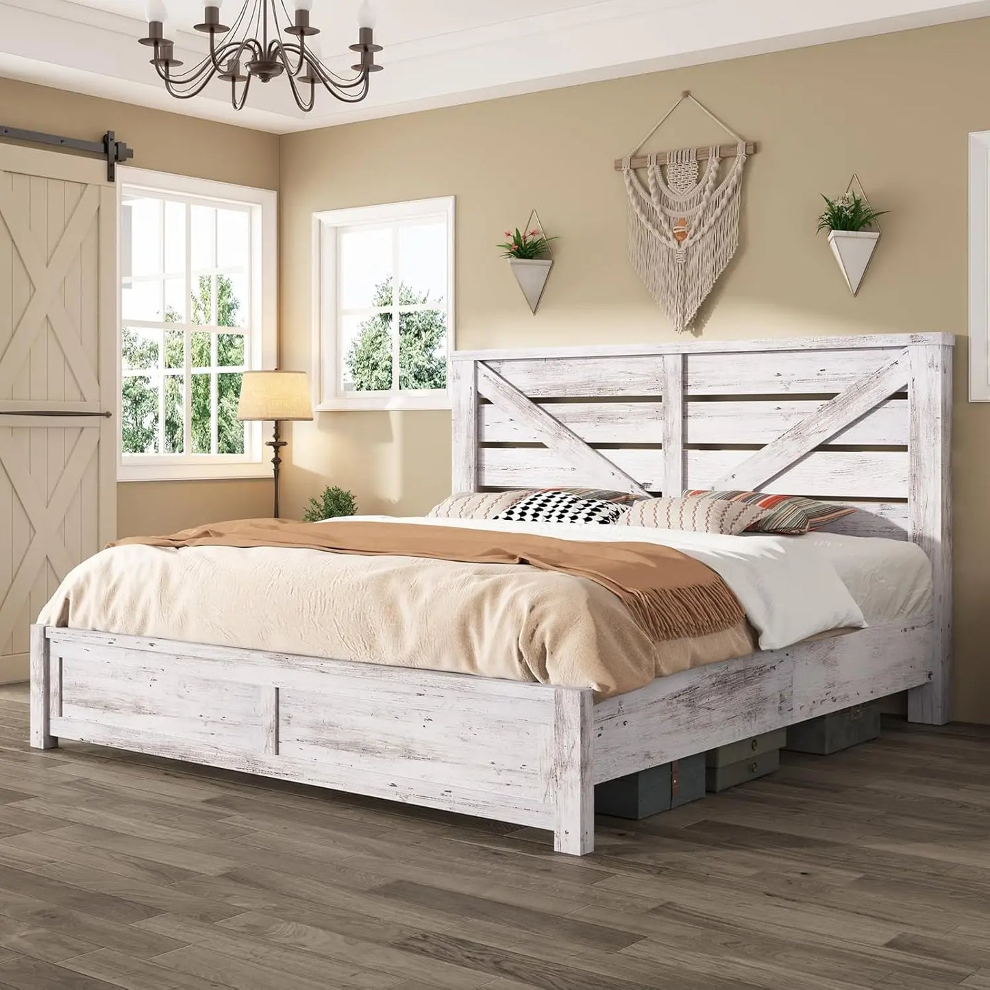 King Size Bed Frame with 49.2" Barn Door Headboard and Footboard, Rustic Farmhouse Platform Bed Frame with Wood, Customized