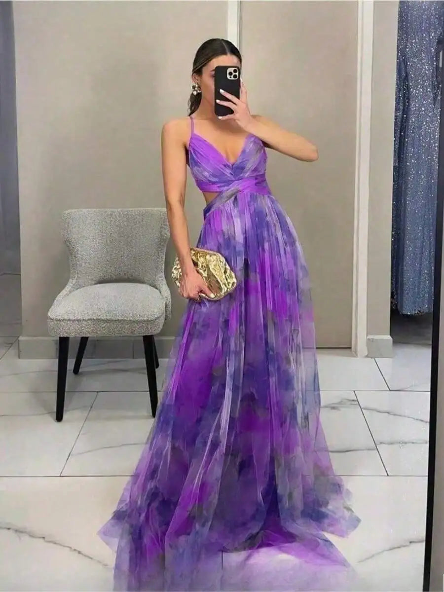 Womens Mesh Printed Cami Prom Dress Floor-Length V-Neck Sleeveless