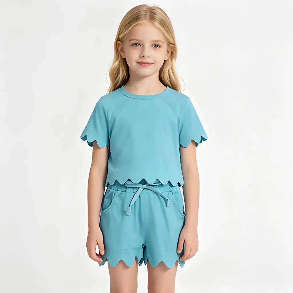 Cotton Clothes Sets for Sibling Baby Girls with Short Sleeve Top Pockets And Scallop Shorts
