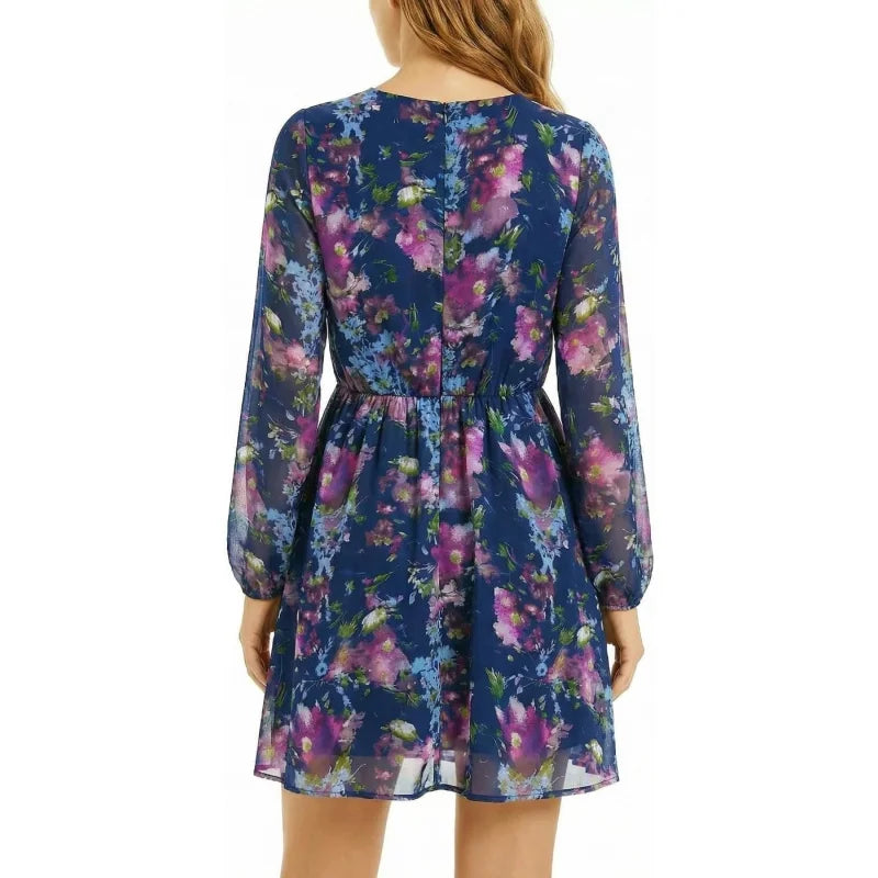 Womens Elegant V Neck Chiffon Dress Long Sleeve Spring Party Wear