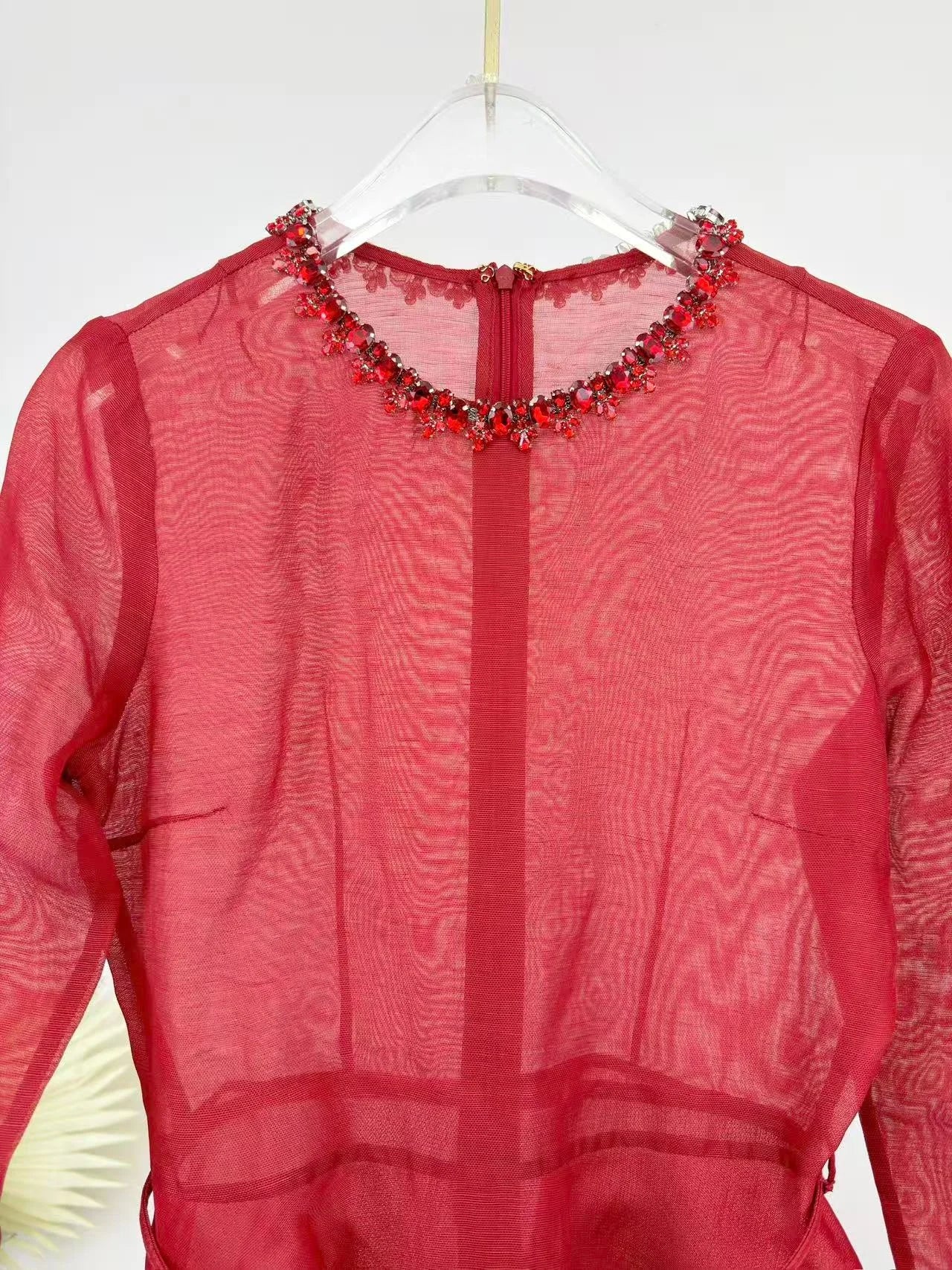 Long Sleeve Beaded Round Neck Zipper Linen Silk Dress