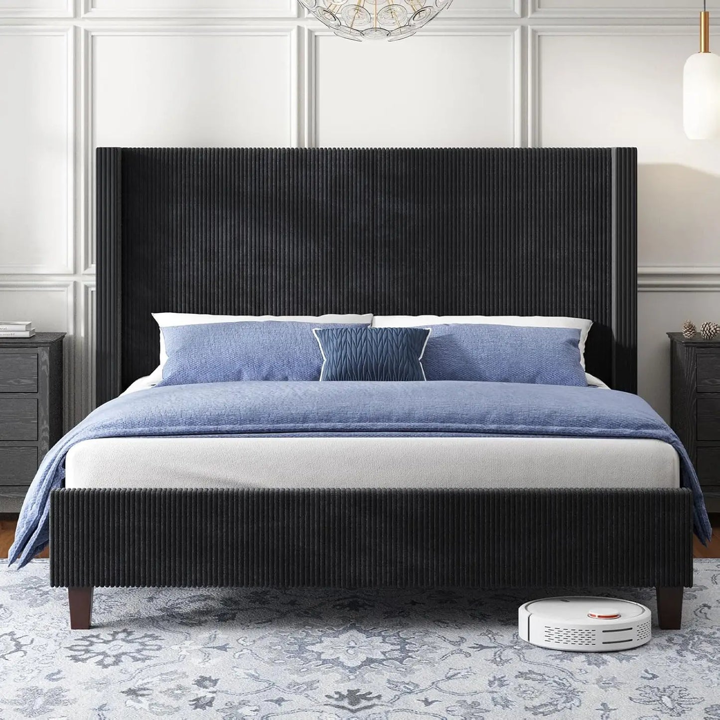 Queen Size Bed Frame with 50.8" Tall Wingback Headboard, Modern Corduroy Upholstered Platform Bed Frame with Solid, Customized