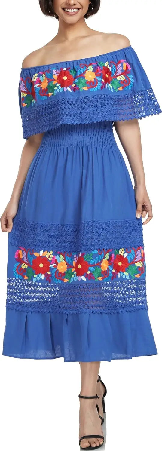 Women Cotton Off Shoulder Mexican Peasant Casual Dress