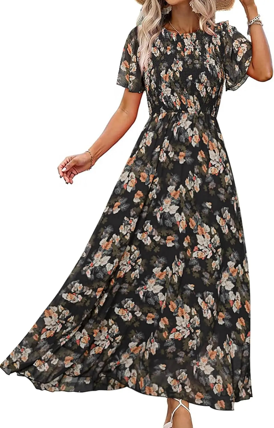 Floral Casual Summer Maxi Dress Chiffon With Smocked Short Sleeve