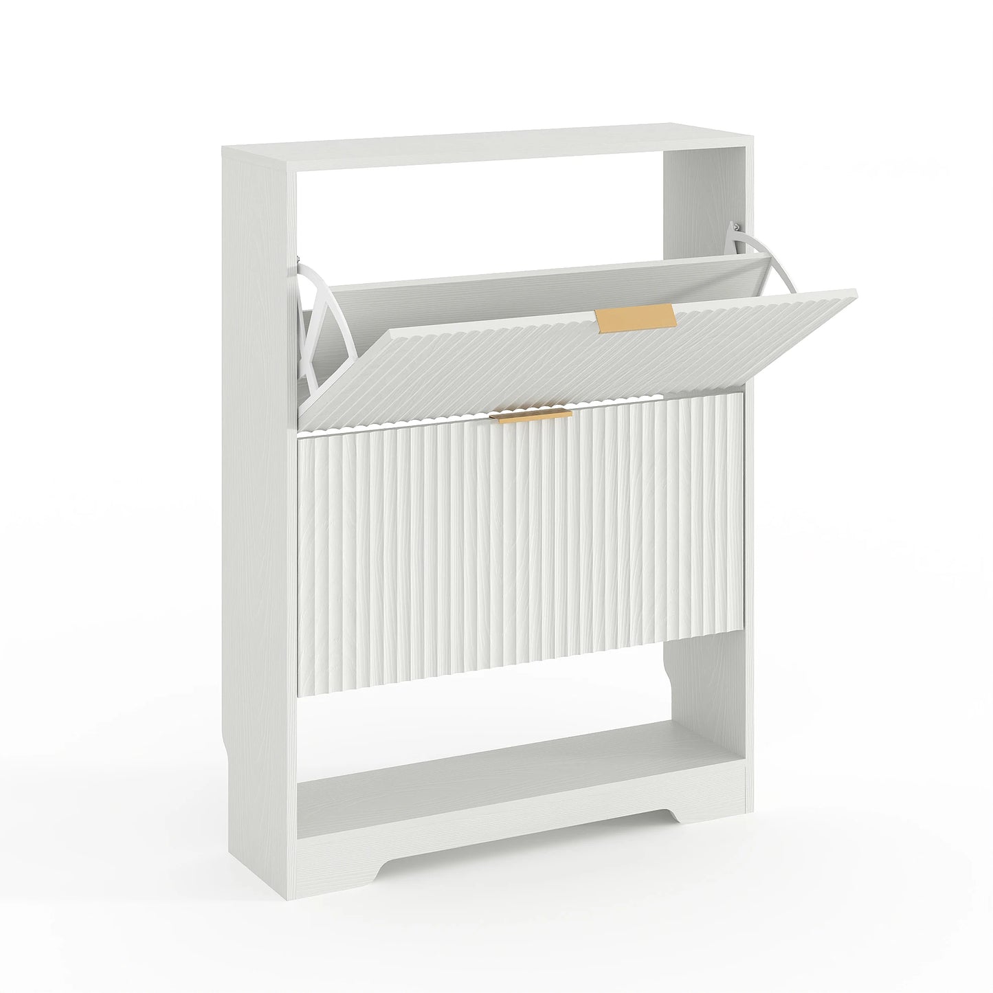Narrow Shoe Storage Cabinet With 2 Flip Drawers, Slim Fluted Hidden Freestanding Wooden Shoe Rack For Entryway Hallway Foyer