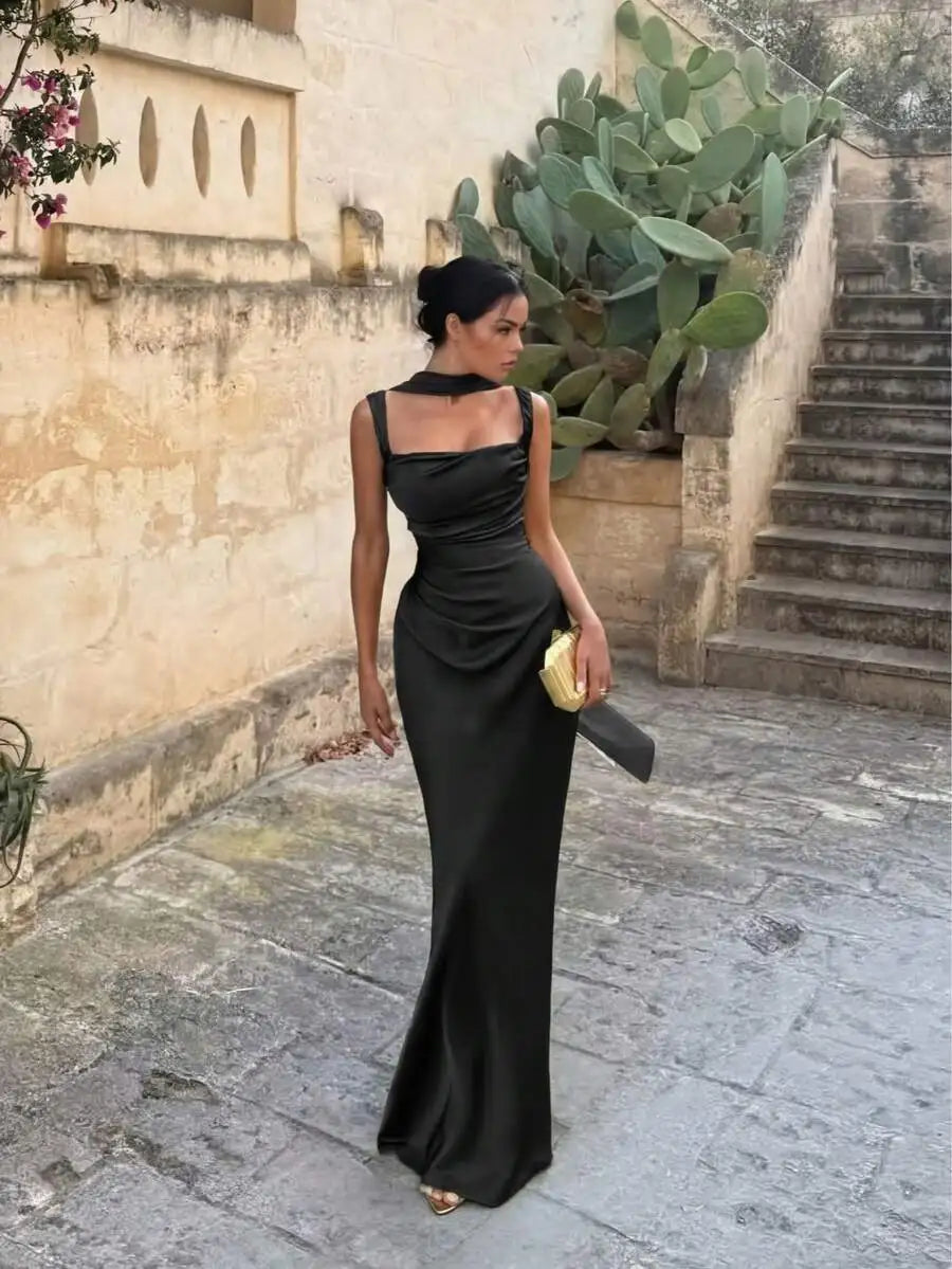 Elegant Satin Long Dress With Ribbon Strap For Women