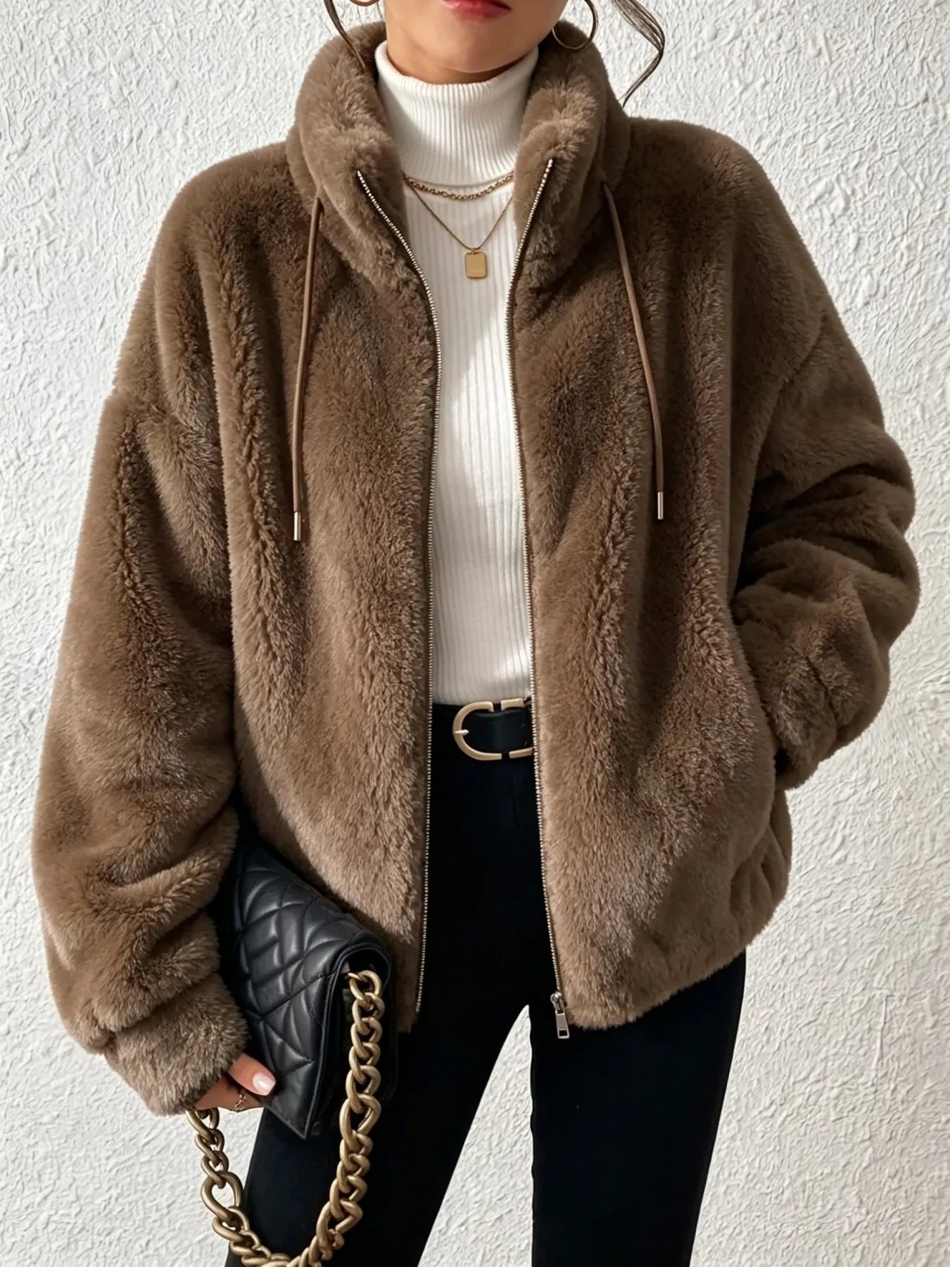 Women Fuzzy Fleece Zip Up Jacket Stand Collar Drawstring Loose Oversized Coat Warm Plush Winter Outerwear Casual Streetwear