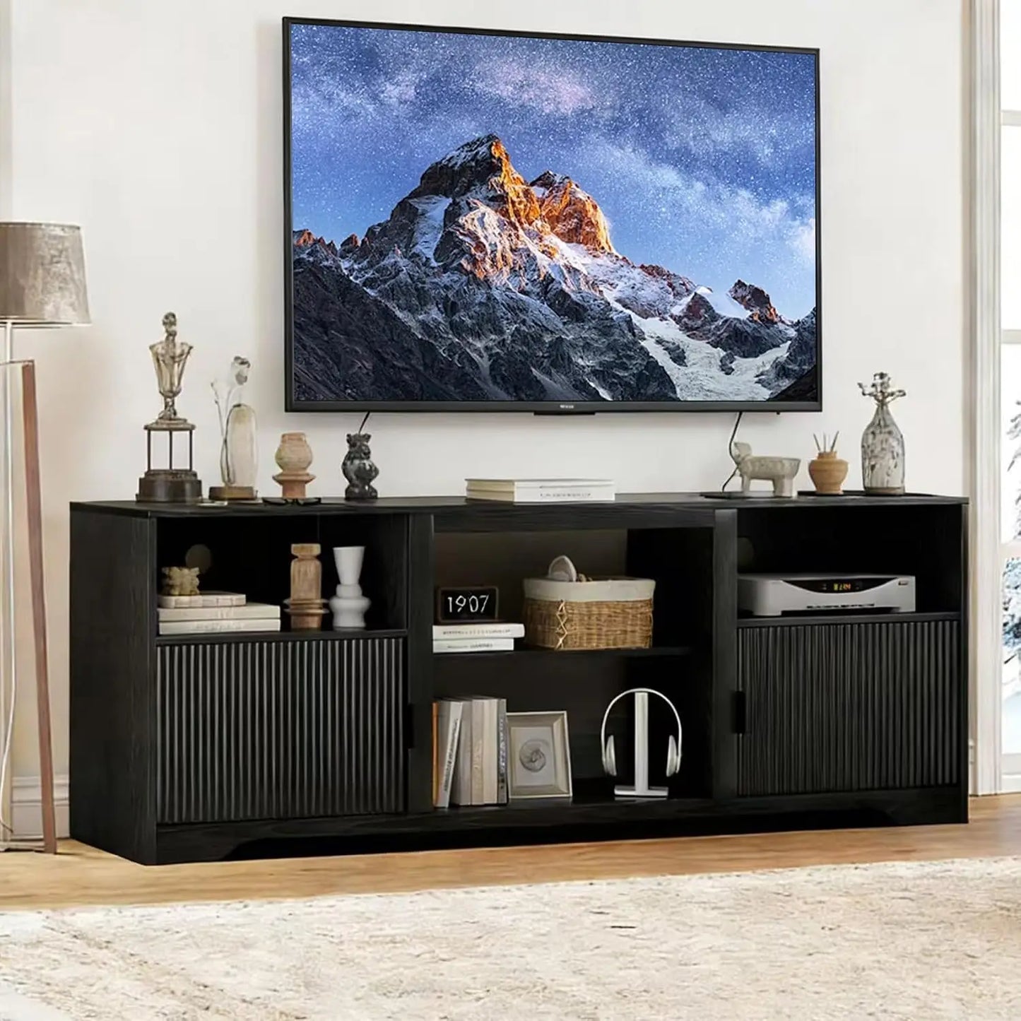 Fluted Mid Century Wood TV Stand Adjustable Shelves Fits 80in TVs, Customized