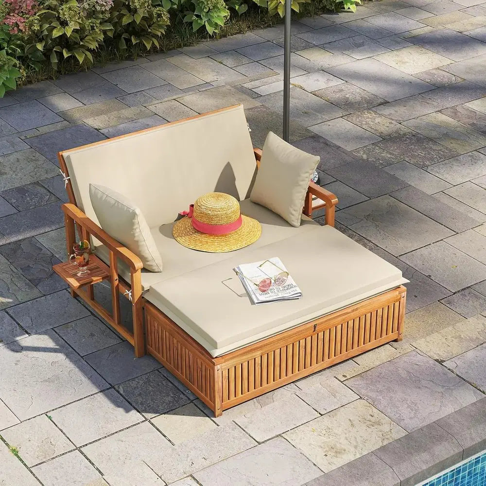 Outdoor Wooden Daybed With Ottoman Adjustable Backrest And Cushions