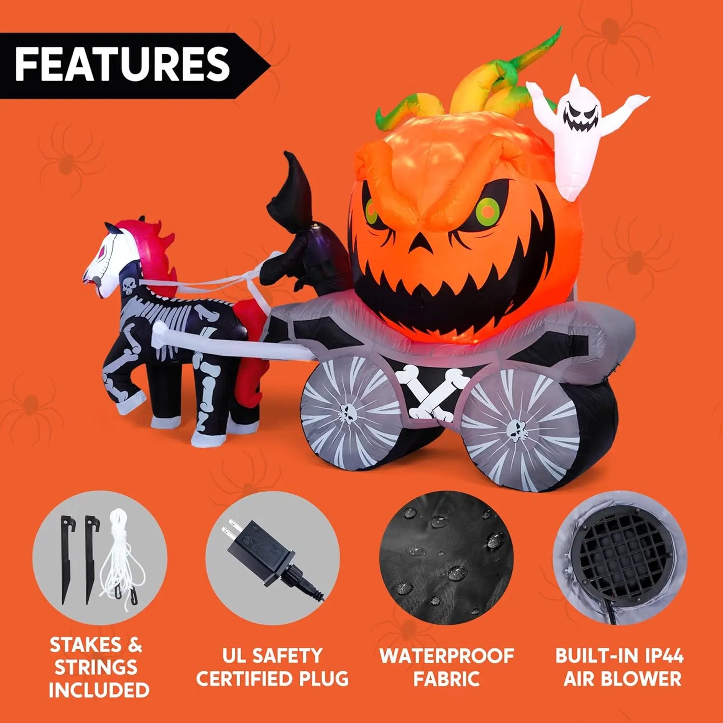 8 Ft Long Pumpkin Carriage Halloween Inflatables Outdoor Decorations Blow Up Pumpkin Carriage with Build-in LEDs Blow Up for Yard, Halloween Inflatables Party Decoration Outside Garden Lawn