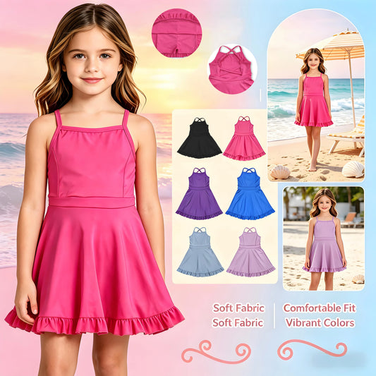 Cute Girls' Ruffled Swim Dress with Built-in Shorts - Trendy Two-in-One Swimsuit for Summer Adventures