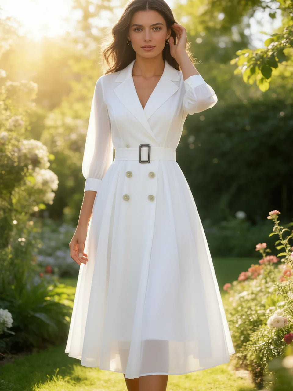 Elegant Style Women Summer Lapel Sheer Sleeve Double Breasted Belted Swing Midi Dress