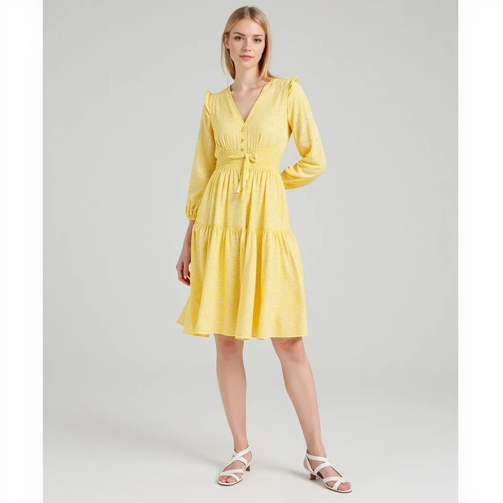 Romantic Style Women Summer V Neck Flutter Sleeve Drawstring Tiered Swing Midi Dress