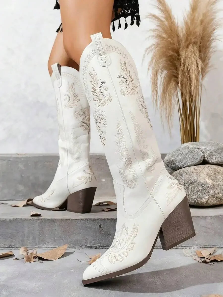 Womens Western Embroidered Cowgirl Boots Pointed Toe Chunky High Heel Outdoor Fashion Riding Boots