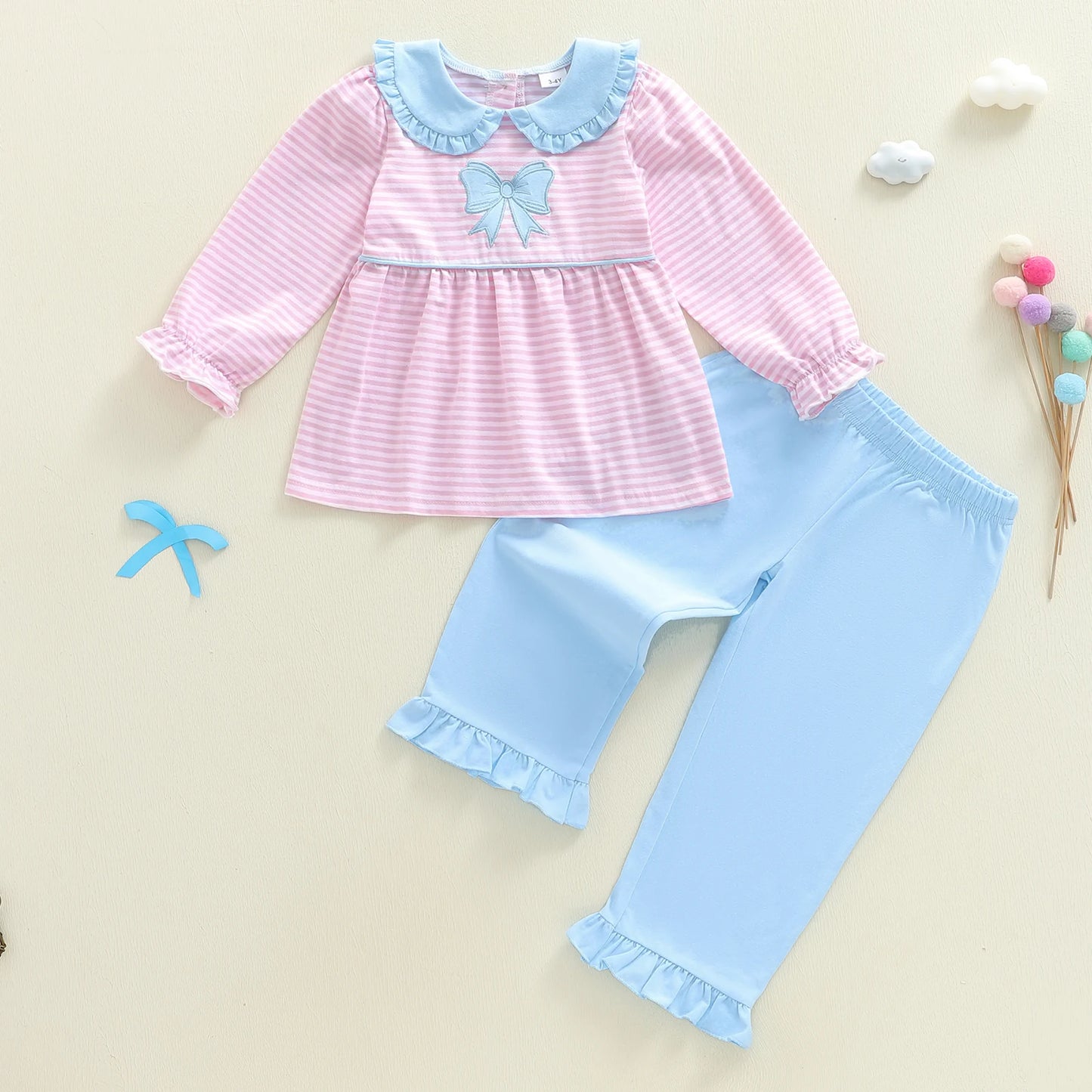 Girls 2-Piece Outfit With Bow Collar For Fall Fashion