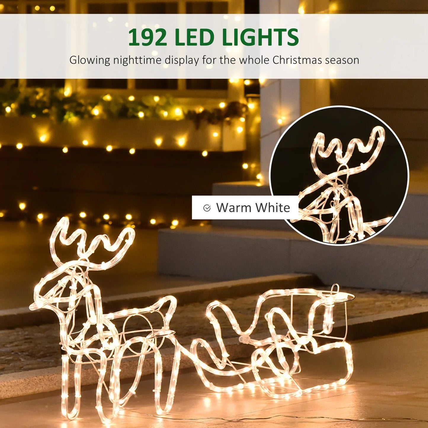 Christmas Reindeer and Sleigh with LED Motif Warm White Lighting, Indoor Outdoor Steel Frame Yard Decoration