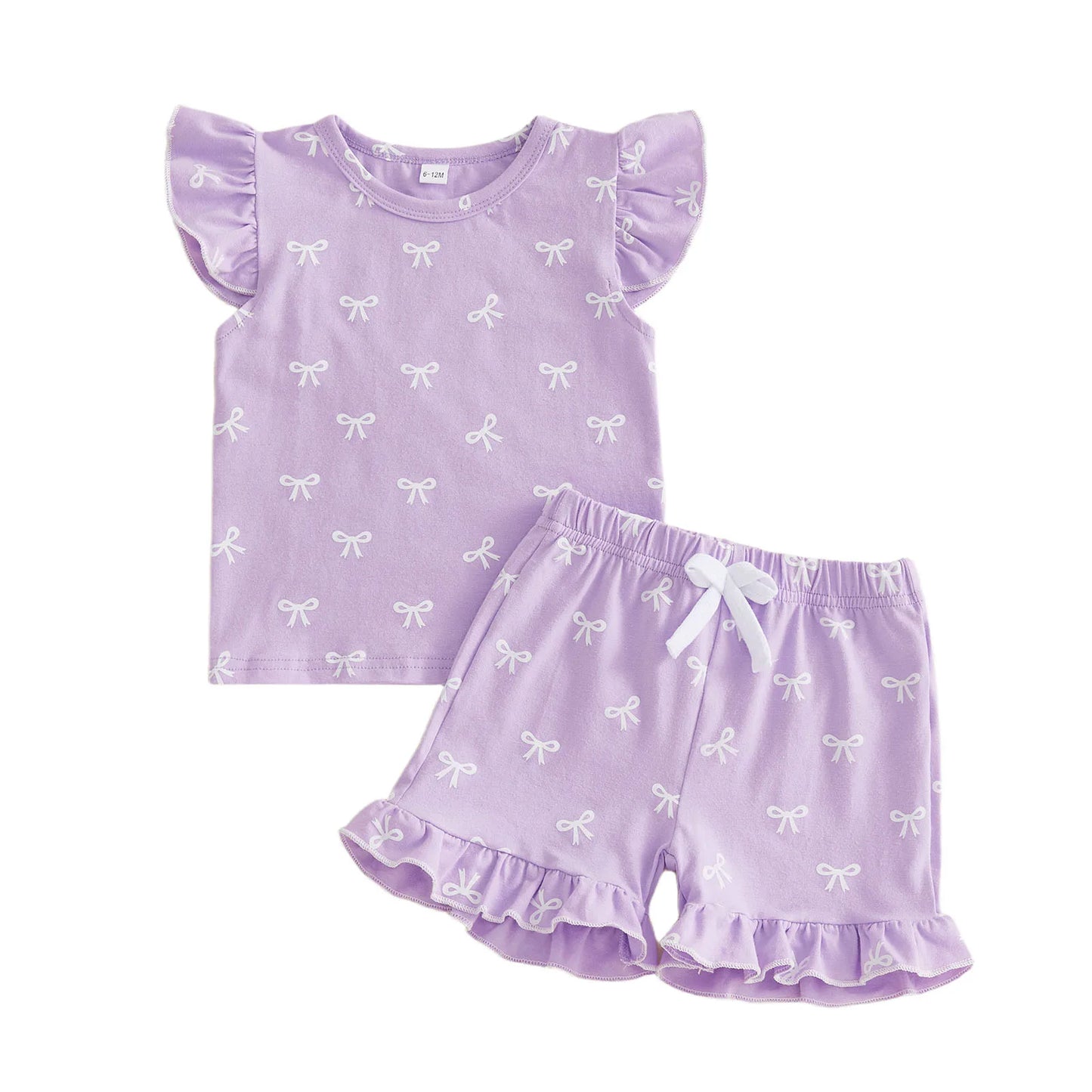 Adorable Infant Girl s Summer Ensemble with Bow Print Frilly Crew Neck Top and Matching Shorts - 2 Piece Set