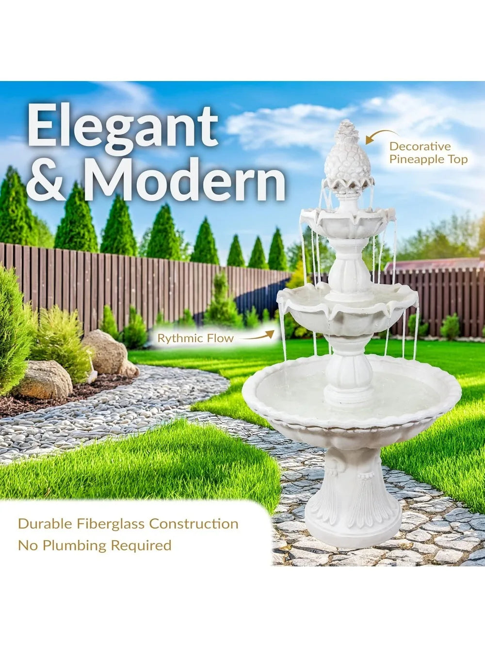 57" H Welcome 3-Tier Water Fountain - Large Electric Water Fountain with Pineapple Topper for Garden, Patio or Yard - White