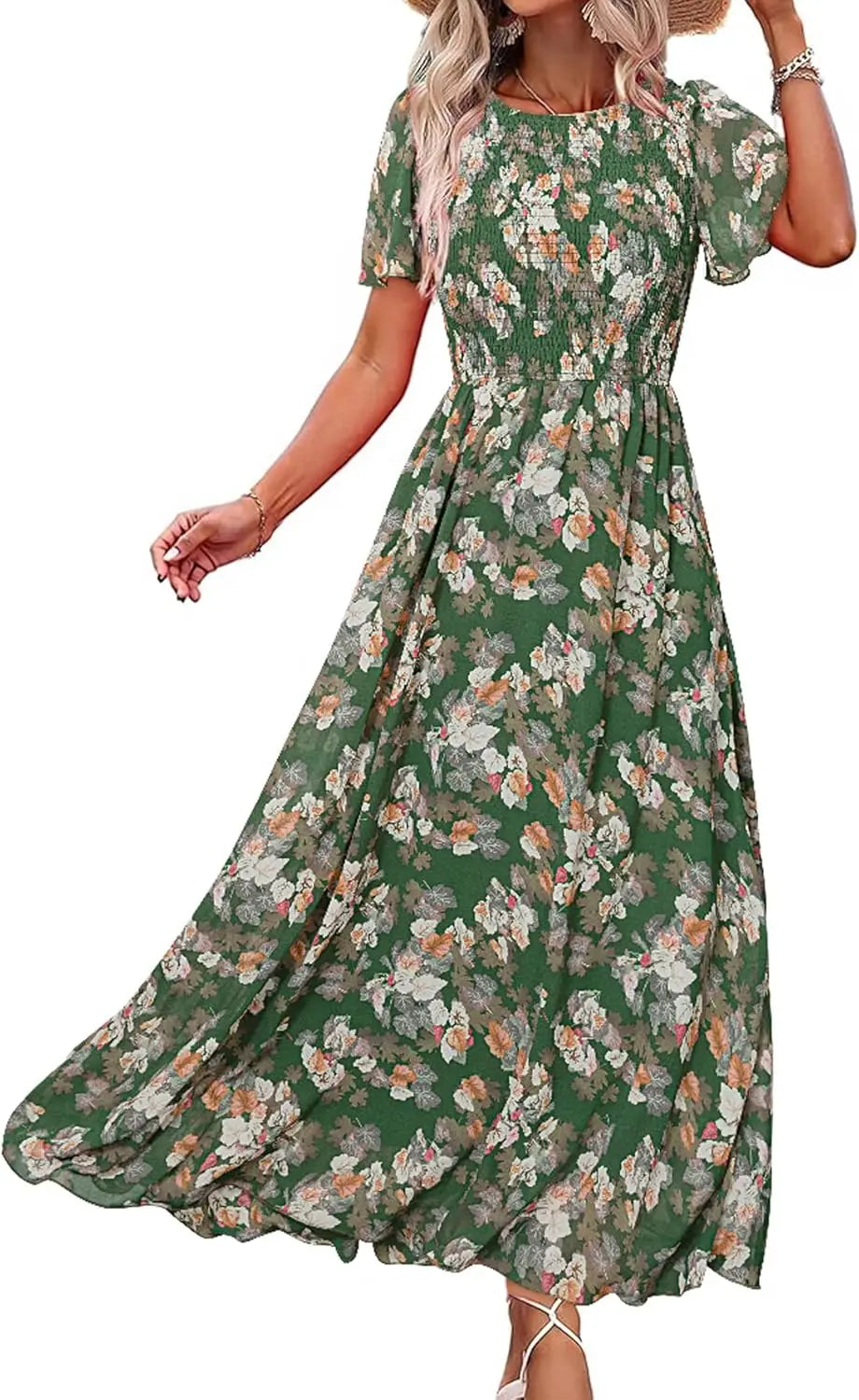 Floral Casual Summer Maxi Dress Chiffon With Smocked Short Sleeve
