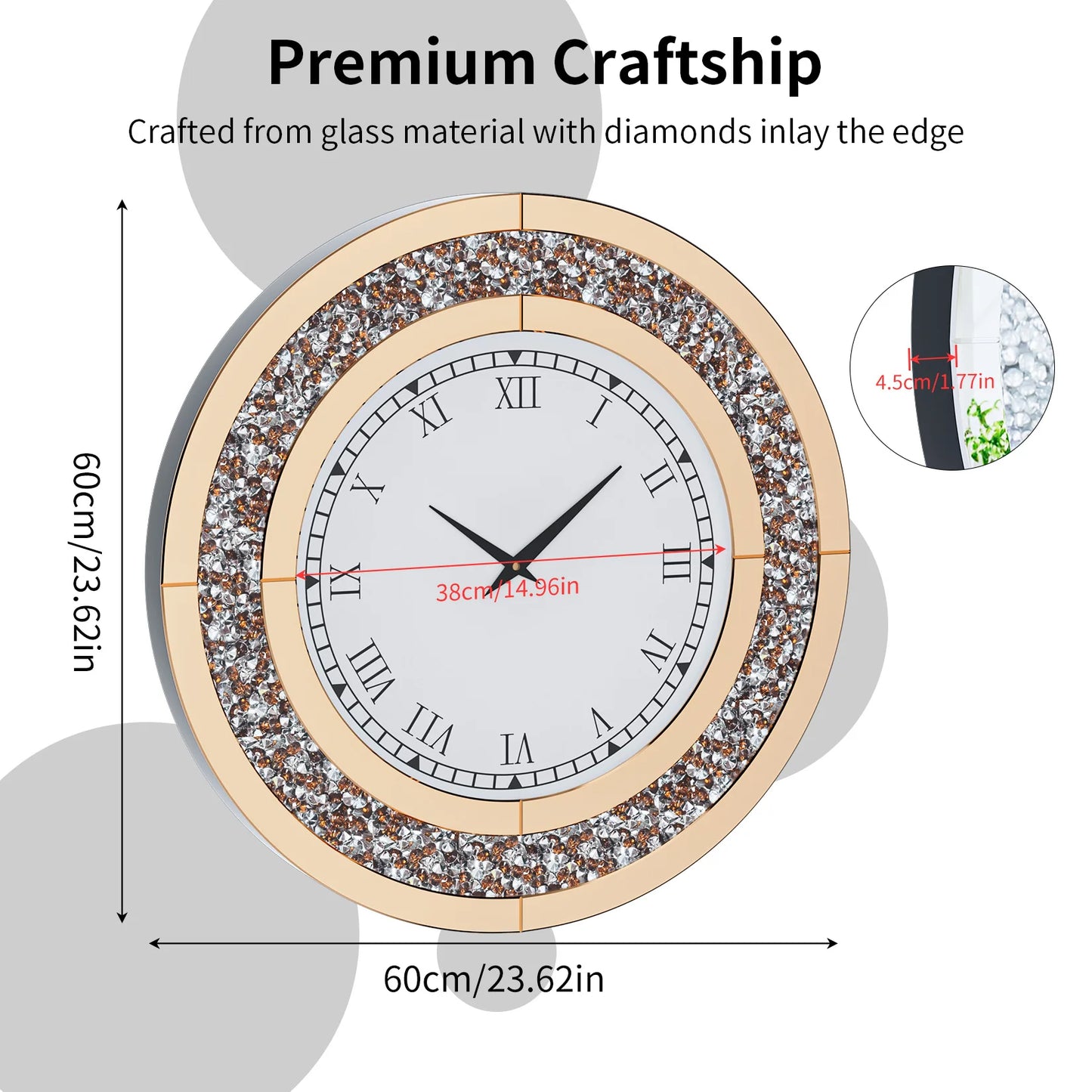Silver,Tawny Tinted Round Mirror ,24inch Crystal Sparkle Twinkle Bling Crush Diamond Large Mirrored Wall Clock for Living Room