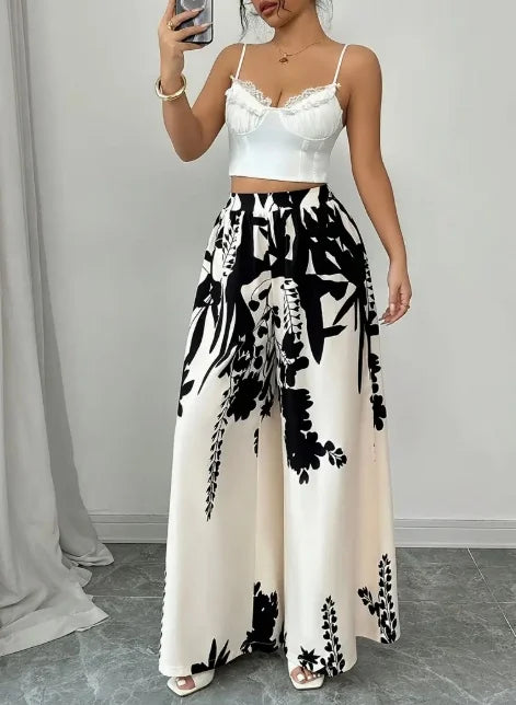 Womens High Waist Satin Palazzo Pants With Floral Design