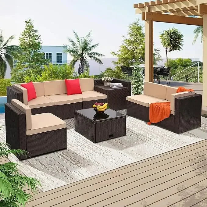 Outdoor Rattan Patio Furniture Set With Glass Table Hidden Storage