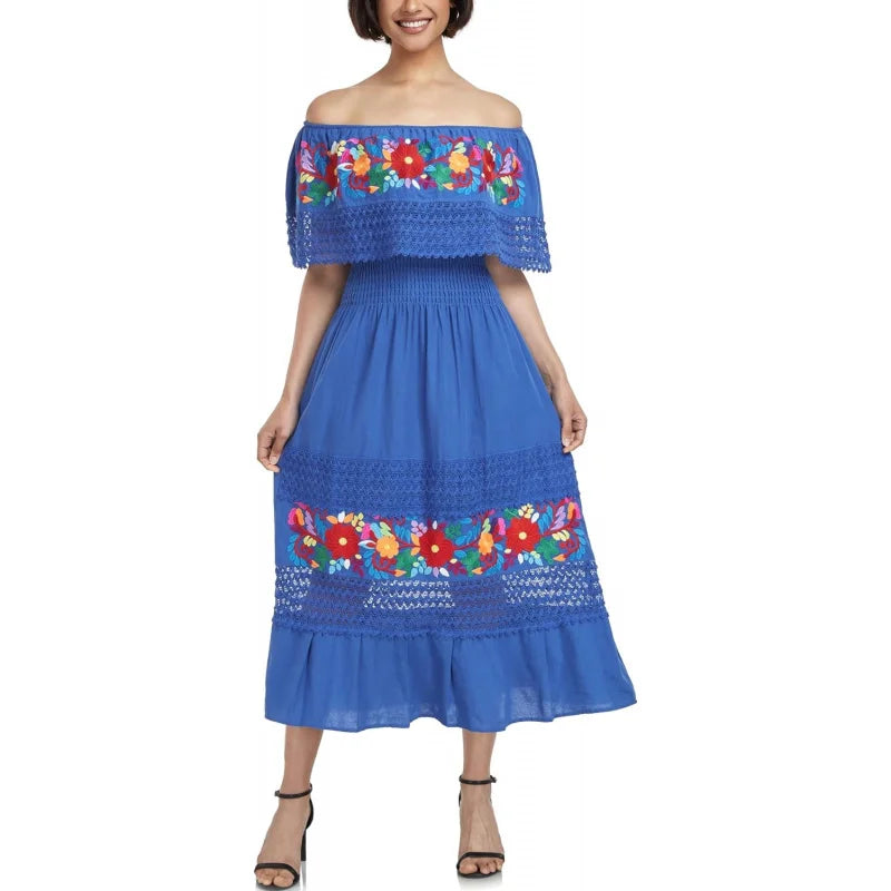 Women Cotton Off Shoulder Mexican Peasant Casual Dress
