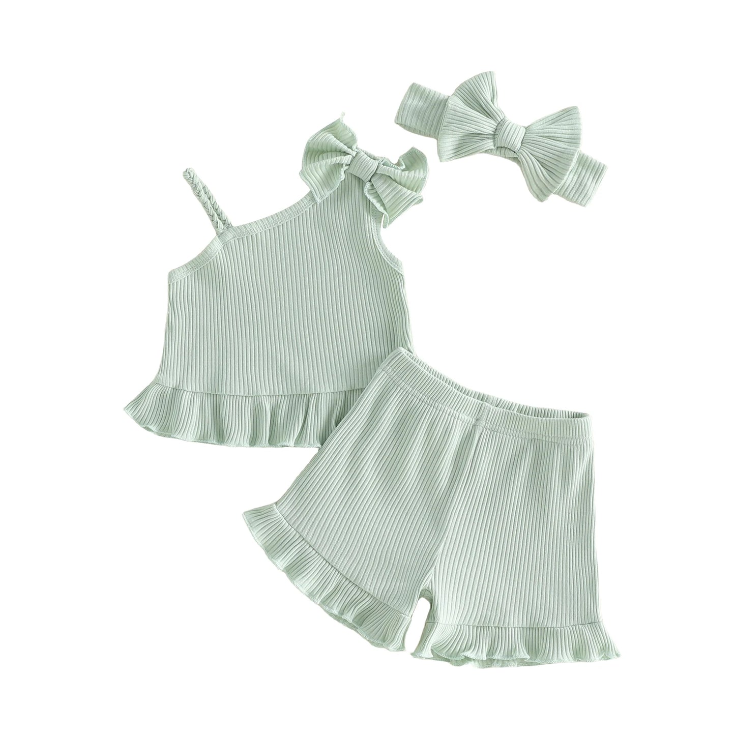 Adorable Toddler Girl s Summer Ensemble with Bow Detail Ribbed Sleeveless Top Ruffle Shorts and Matching Headband - 3 Piece