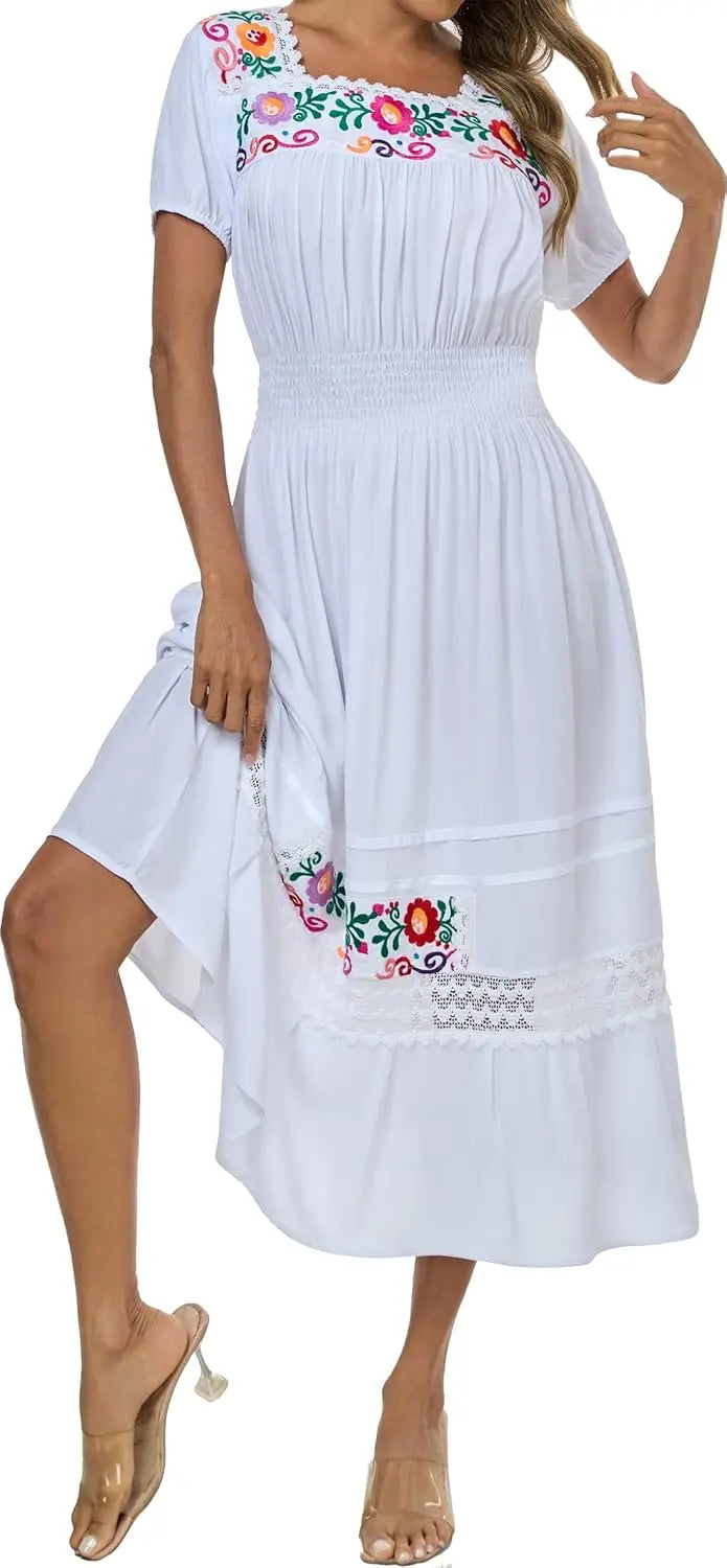 Floral Embroidered Maxi Dress For Women, Round Neck, Short Sleeve