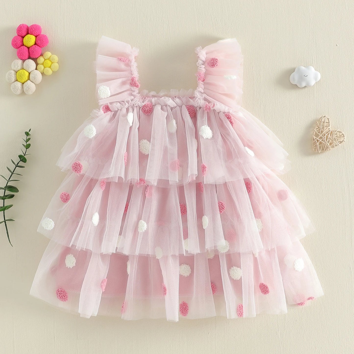 Adorable Toddler Girl s Summer Dress with Polka Dot Print Flowy Fit and Cute Ruffled Mesh Layers for a Casual Look