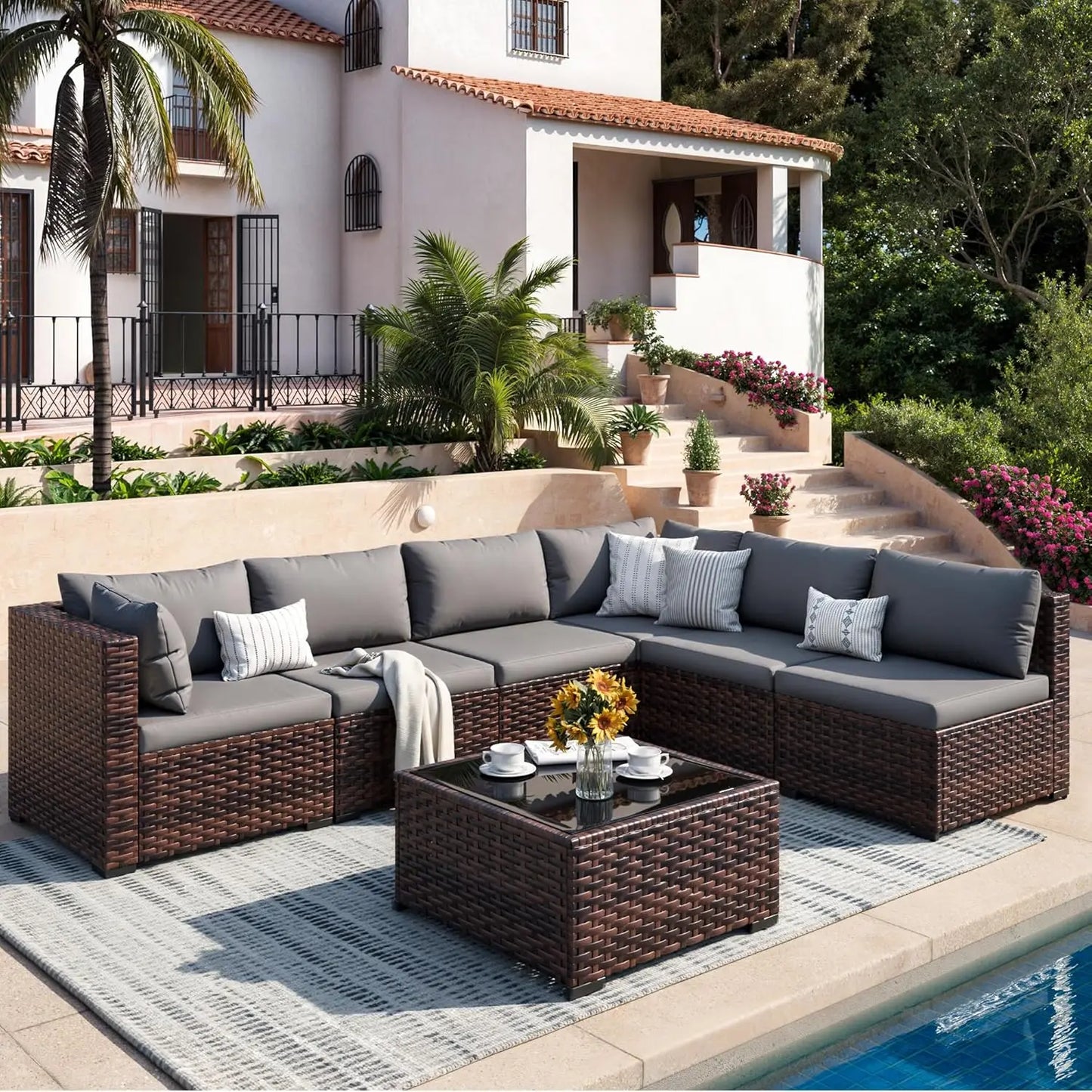 Patio Furniture Set, 7-Piece Outdoor Sectional Rattan Sofa Set with Coffee Table (Navy Blue Cushions with Brown, Customized