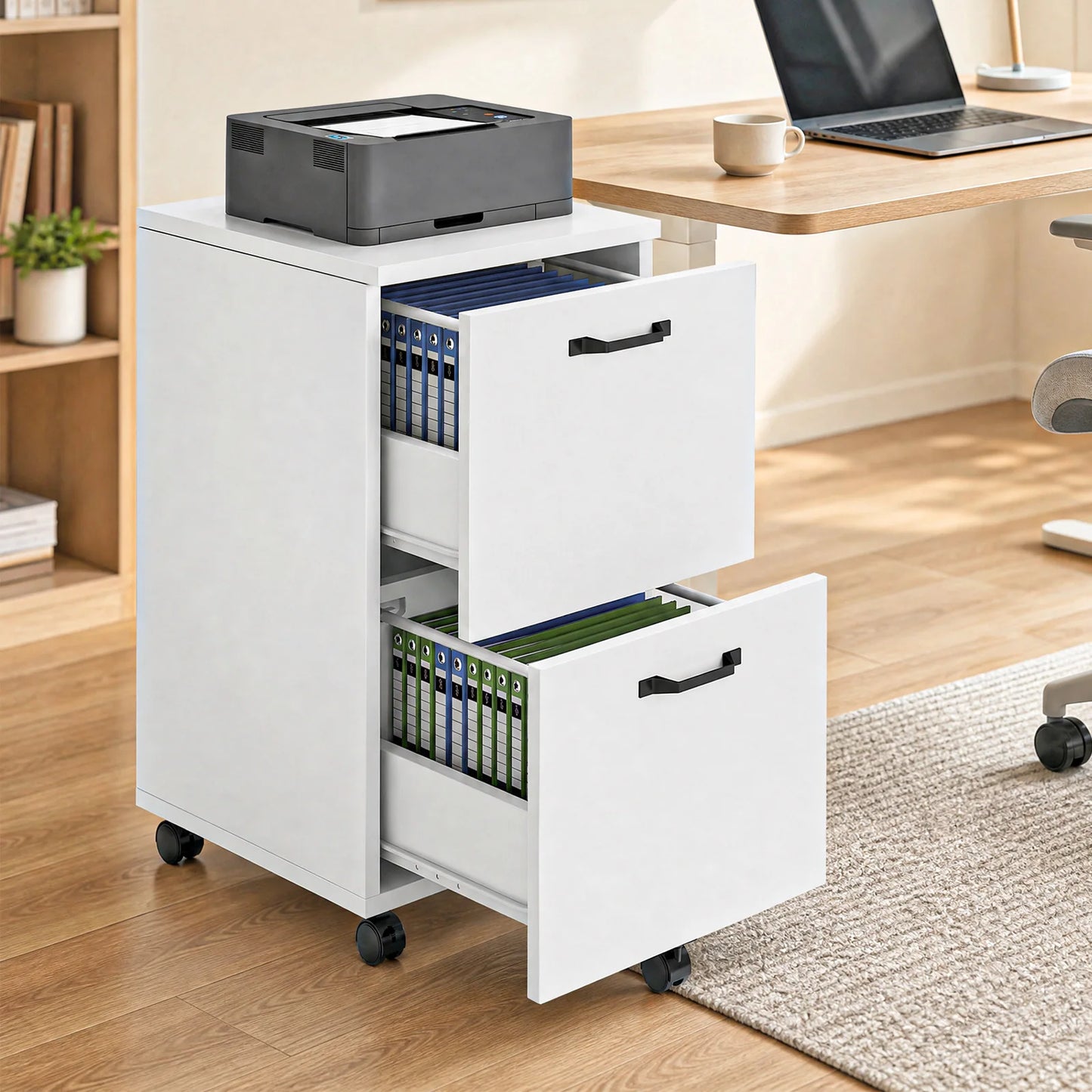 JHK Wooden 2-Drawer Rolling File Cabinet Under Desk Storage with Lockable Wheels Mobile Printer Stand Home Office Organizer for Documents and Office Supplies