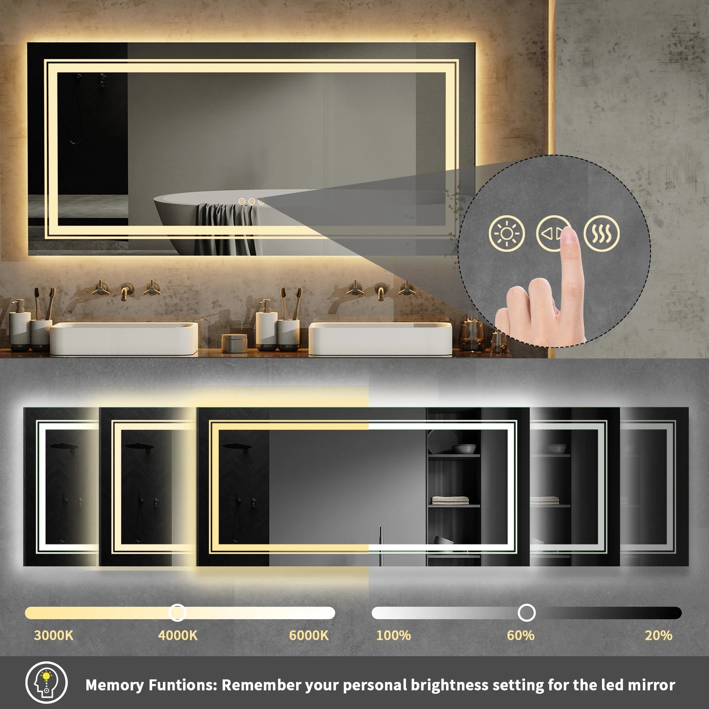 Dimmable Wisfor Anti-Fog Backlit LED Bathroom Mirror