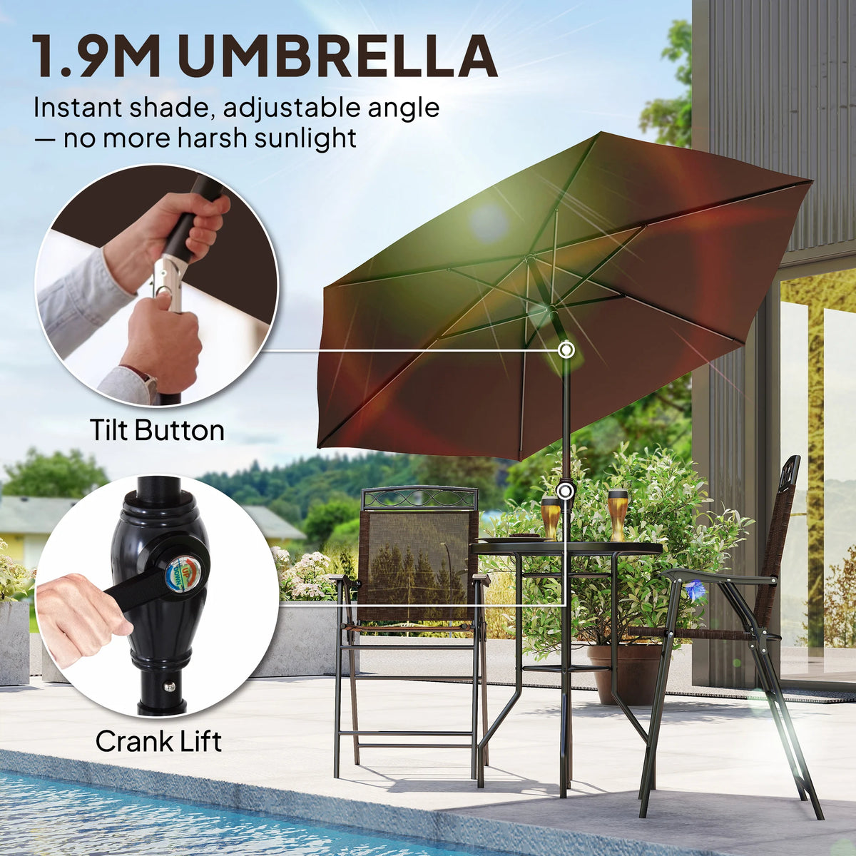 4Pc Outdoor Patio Dining Set Furniture, 2 Folding Chairs, Table, Umbrella, Brown