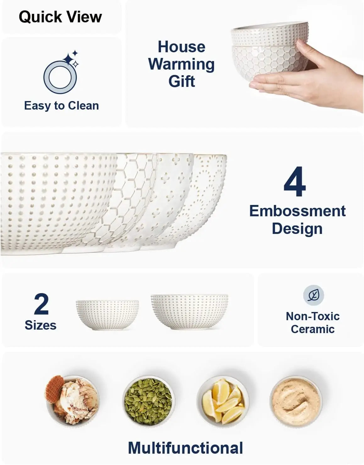 4.5 Inch Ceramic Embossed Stoneware Bowls Set of 4, Arctic White for Dessert Fruits Side Dishes Housewarming
