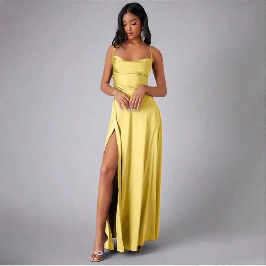 Satin Spaghetti Strap Prom Dress With High Slit And Draping