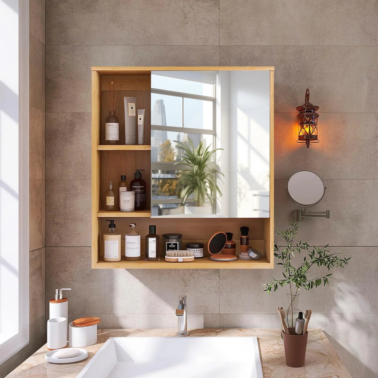 Bathroom Wall Mounted Bamboo Medicine Cabinet Mirror Large Storage Shelving