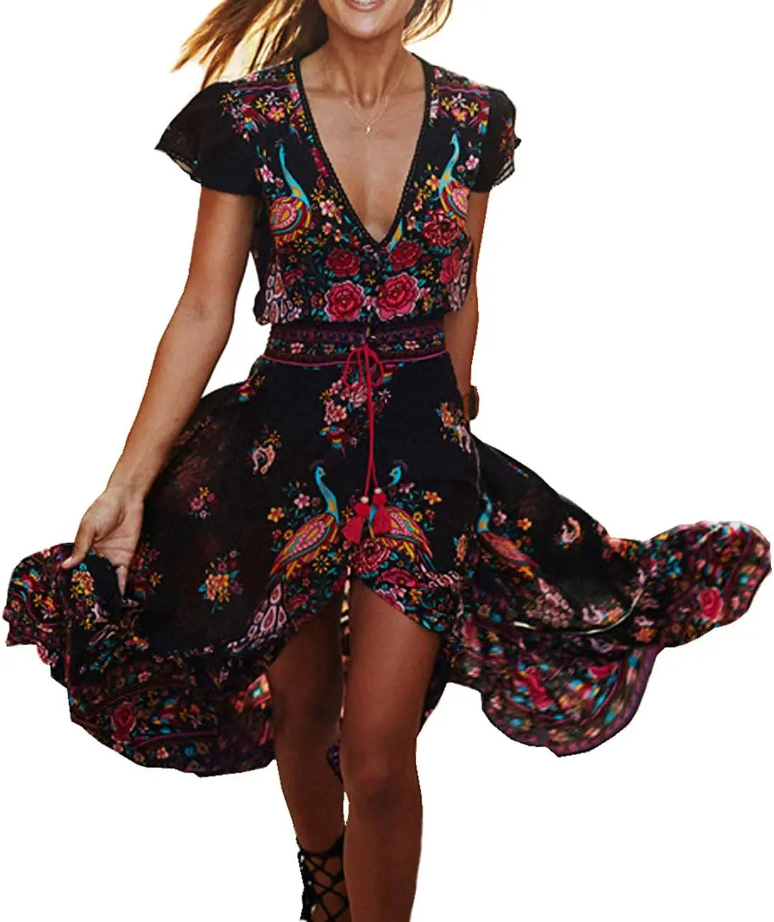 Women's Summer Vintage Floral Deep V Neck High Low Dress