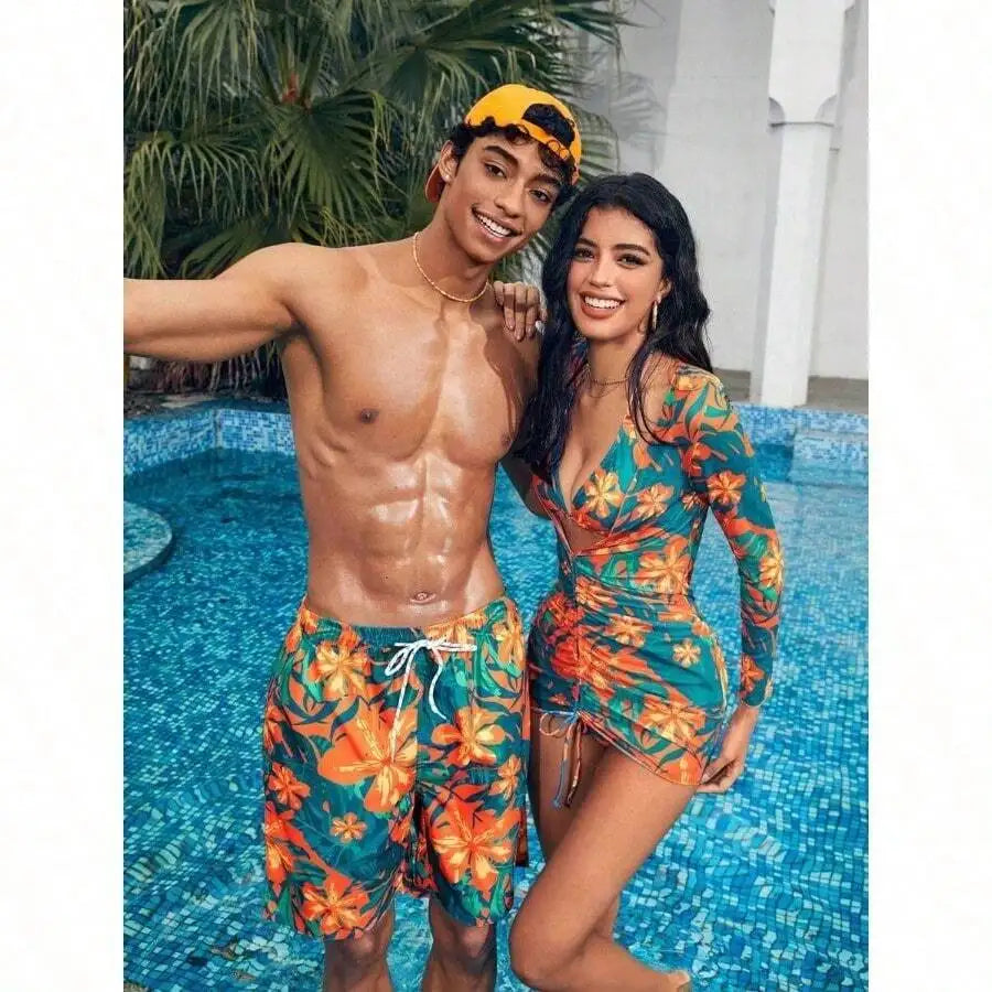 Men Floral Print Loose Fit Beach Shorts Bermuda Style Vacation Swimwear