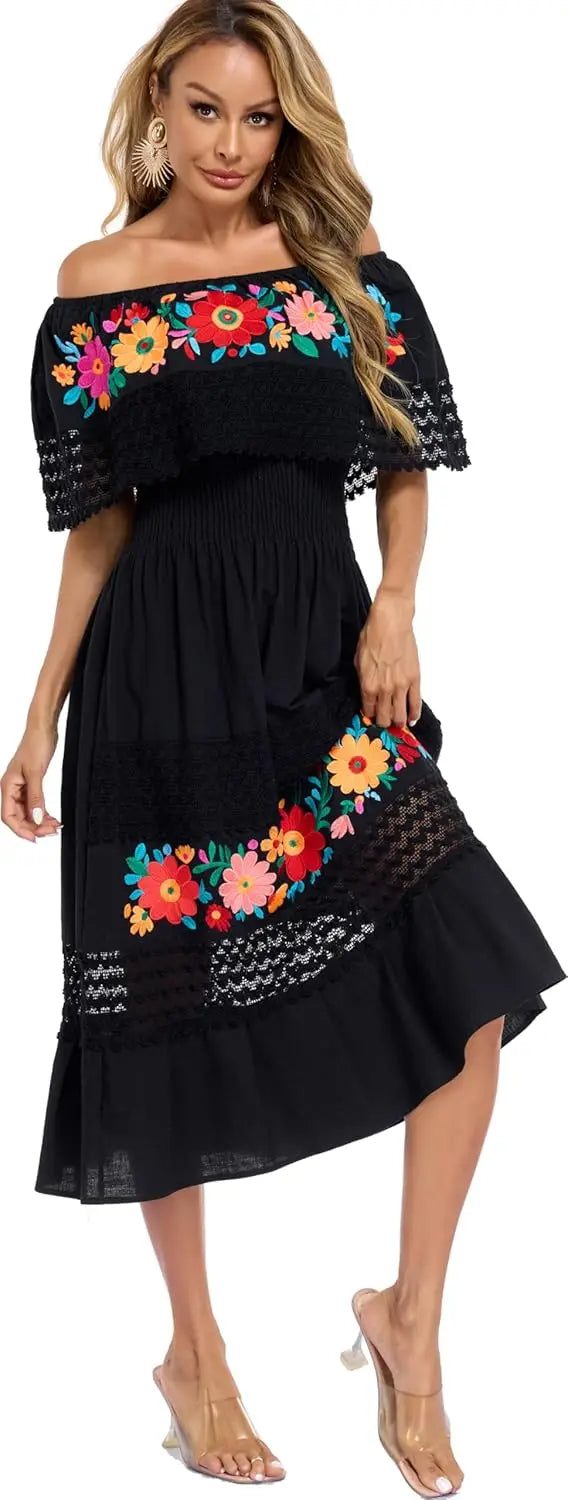 Women Cotton Off Shoulder Mexican Peasant Casual Dress