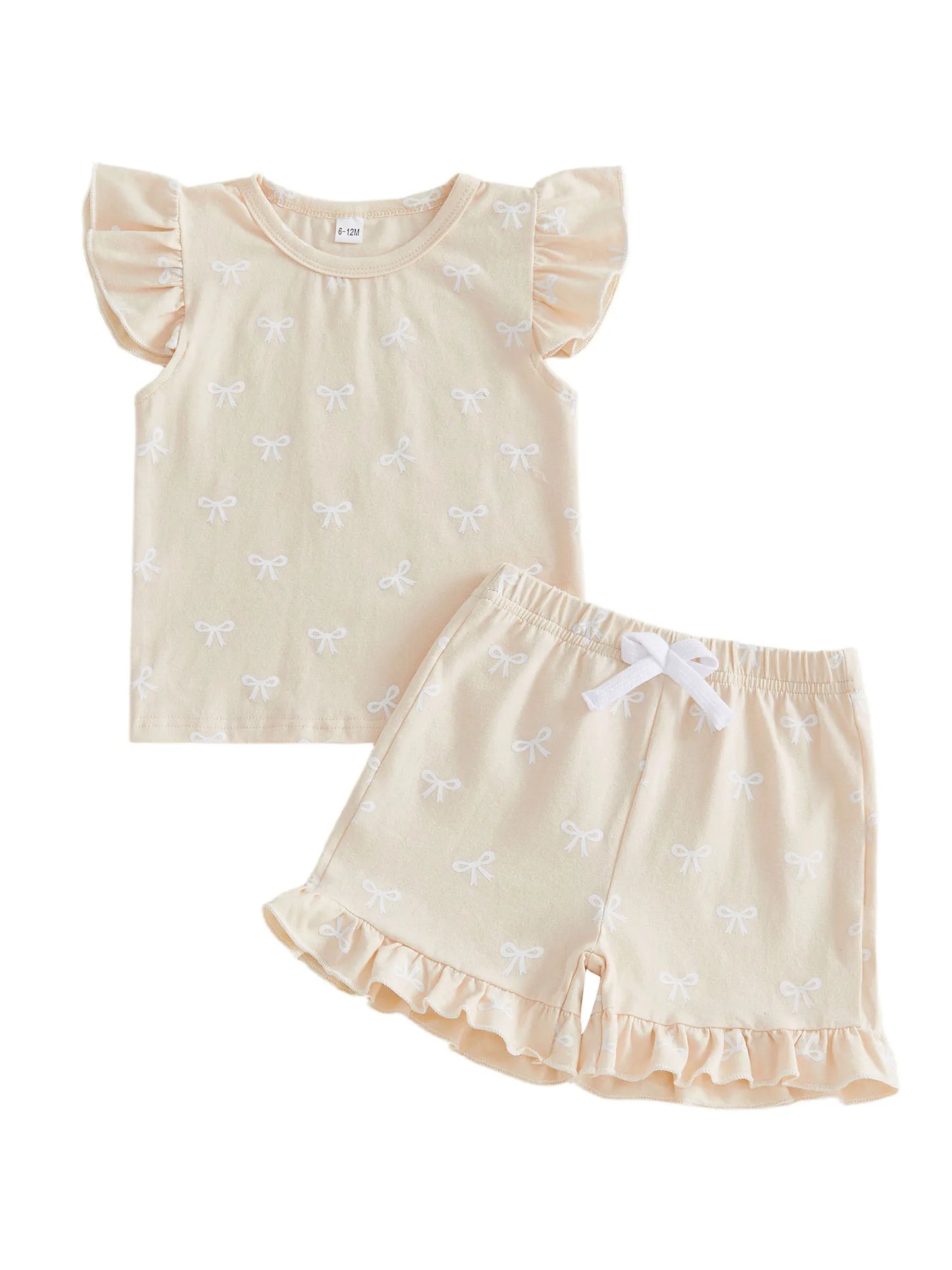 Adorable Infant Girl s Summer Ensemble with Bow Print Frilly Crew Neck Top and Matching Shorts - 2 Piece Set