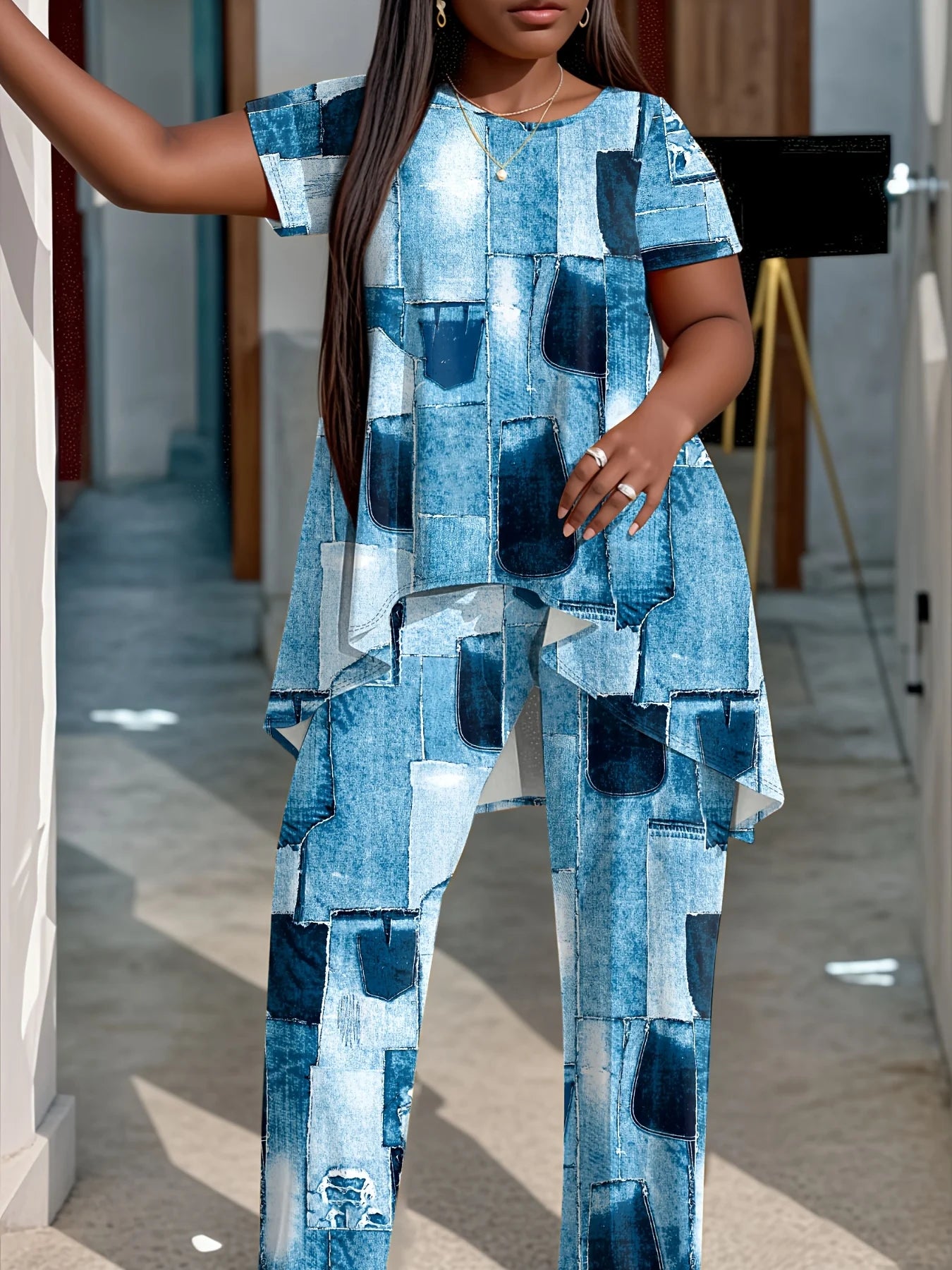Faux Denim Print Top With Asymmetric Hem Crew Neck Shirt