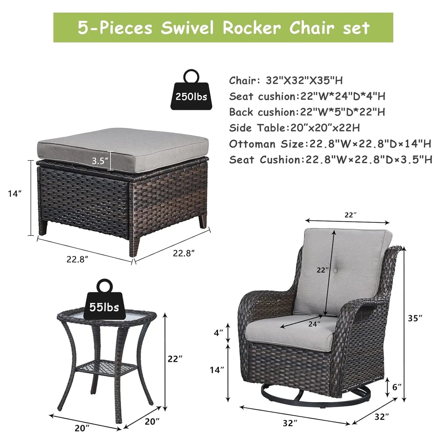 Wicker Patio Furniture Set - 5 Piece Rattan Outdoor Sectional Conversation Sets with 2 Swivel Rocking Chairs,2, Customized