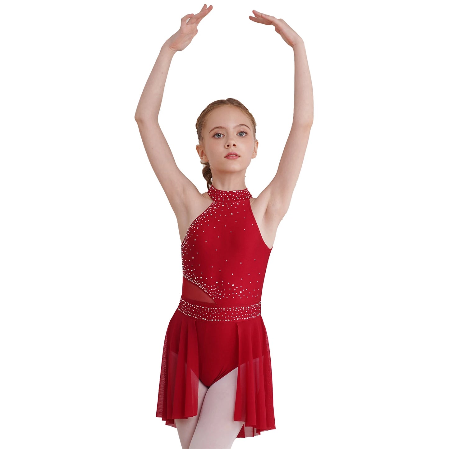 NONECN Girls Rhinestone Halter Ice Skating Dress Skirted Leotard Dancewear