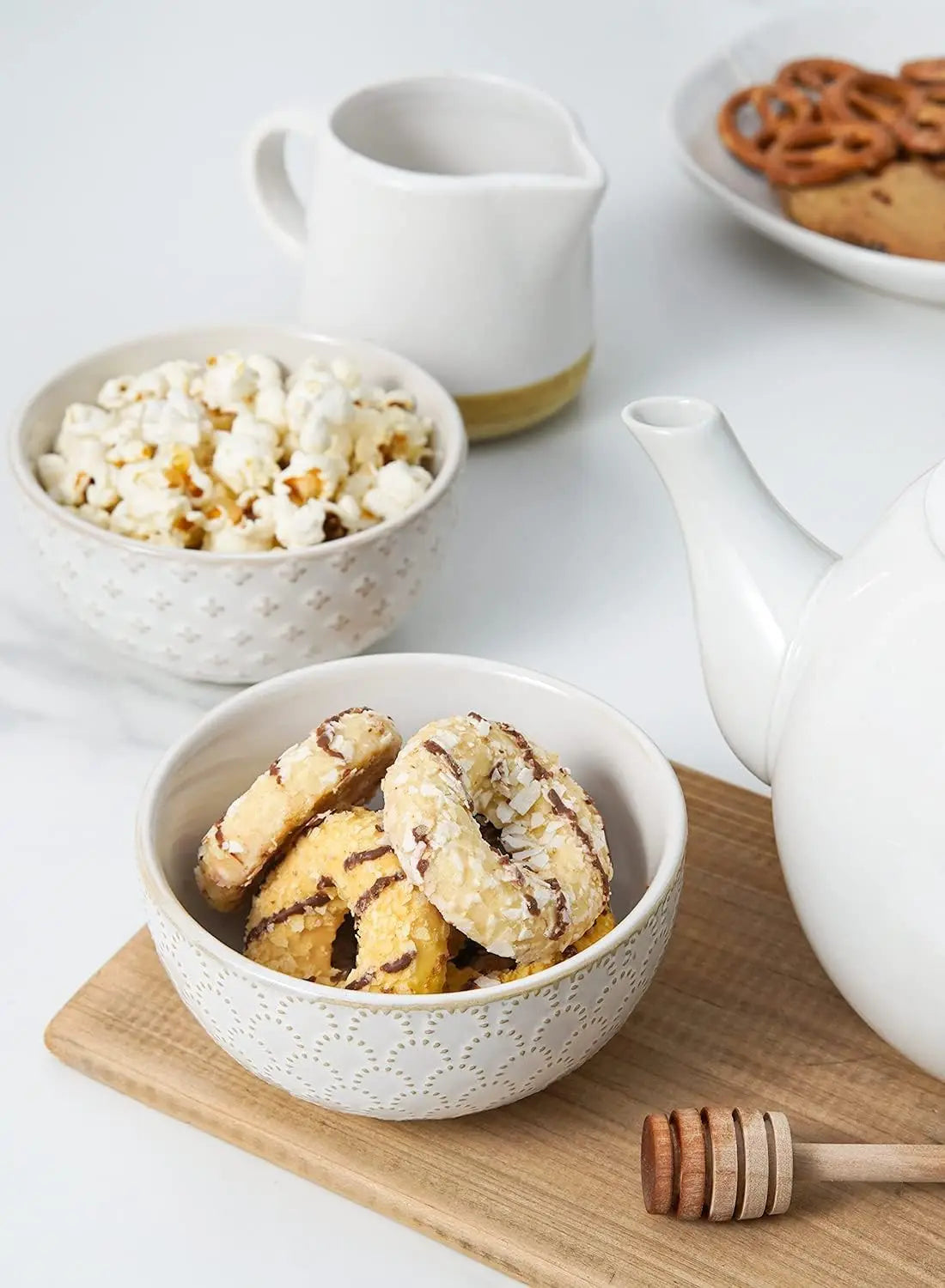 4.5 Inch Ceramic Embossed Stoneware Bowls Set of 4, Arctic White for Dessert Fruits Side Dishes Housewarming