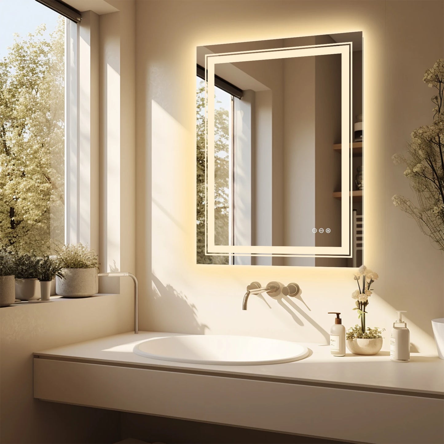 LED Illuminated Bathroom Mirror With Front Backlit Fogless Wall Mount