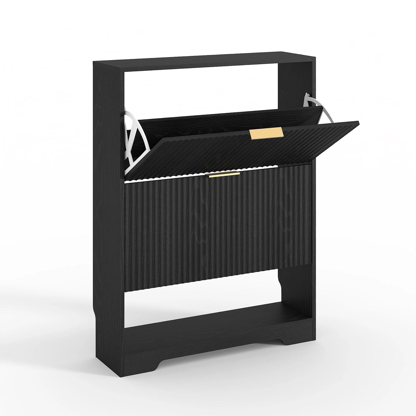 Narrow Shoe Storage Cabinet With 2 Flip Drawers, Slim Fluted Hidden Freestanding Wooden Shoe Rack For Entryway Hallway Foyer