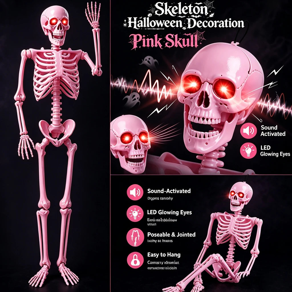 Sound Activated Posable Skeleton Decoration With Glowing Red LED Eyes