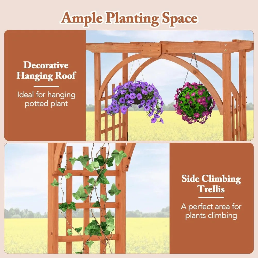 Wooden Garden Gazebo Arch with Decorative Roof and Climbing Frame