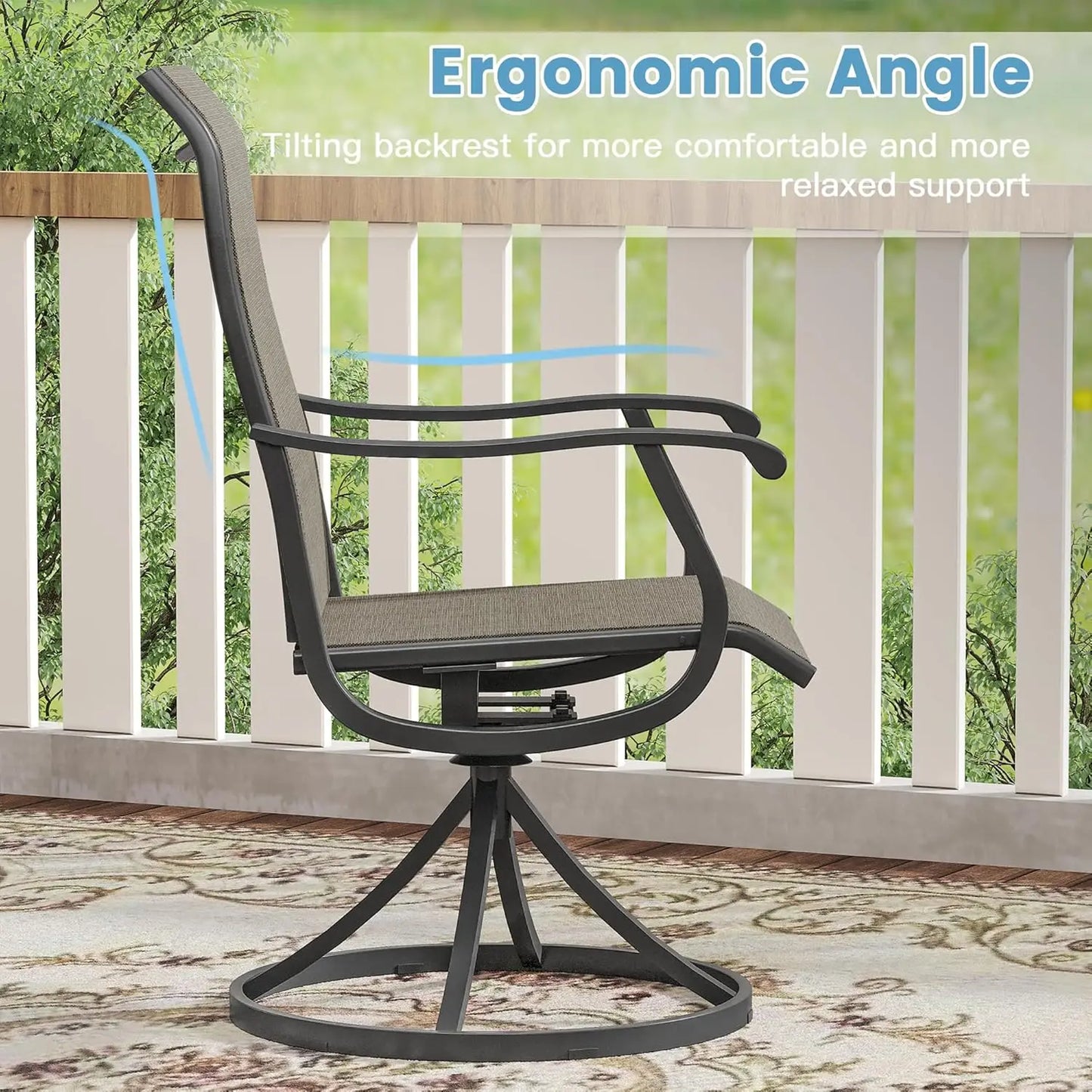5 Pieces Outdoor Patio Dining Set, 4 Brown Textilene Swivel Dining Chairs and 40.6" Black Round Dining Table, Metal, Customized